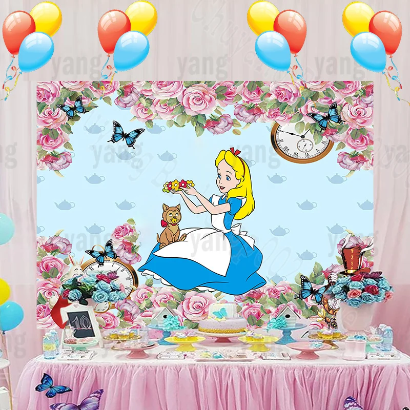 Alice in Wonderland Backdrop for Birthday Party Supplies 5x3ft Book Story  Photo Backgrounds Alice Theme Baby Shower Banner for Birthday Cake Table