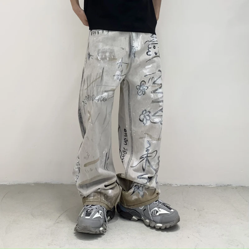 2024Men Graffiti Print Streetwear Fashion Hip Hop Loose Casual Wide Leg Denim Baggy Jeans Pants Man StraightJeans Trousers XXL