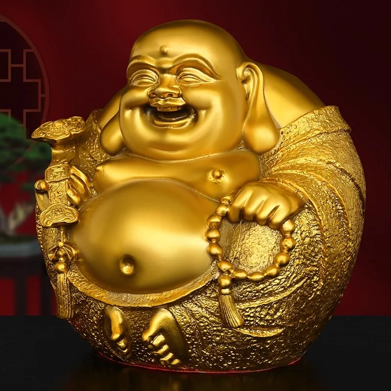 Solid Brass Laughing Buddha Statue, Smiling Maitreya Buddha Figurine for Good Luck & Harmony, Home Office Zen Decor