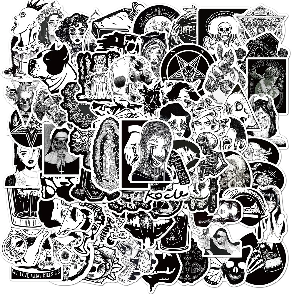 

100pcs Gothic Style Stickers Black and White Personality Phone Case Skateboard Suitcase Waterproof Sticker Pack Laptop Skin