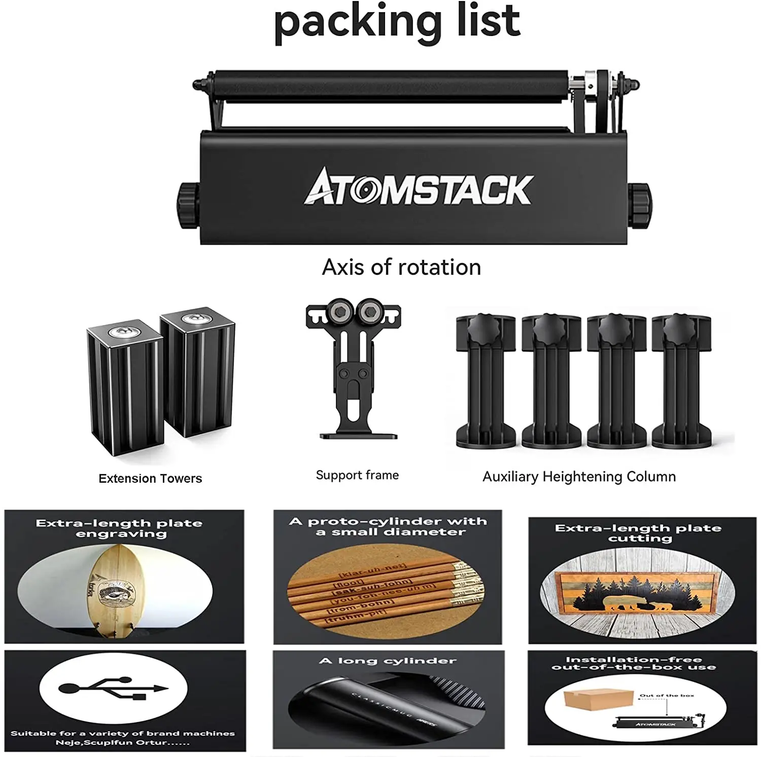 Upgraded Atomstack R3 Pro Rotary Roller With Separable Support Module And Extension Towers Laser Engraving Machine