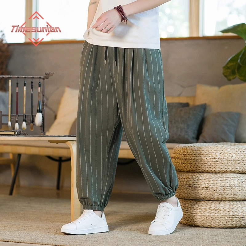 Style japonais rayure été coton lin sarouel hommes Streetwear respirant plage pantalon mâle décontracté mollet longueur pantalon