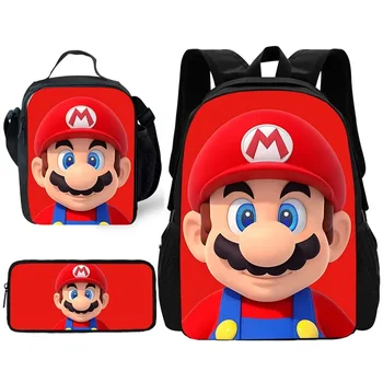 Game Bros Set da 3 pezzi Zaino scolastico per bambini con borse per il pranzo, borse per matite, borse per la scuola per ragazzi M-Marios Girls Miglior regalo Super 1