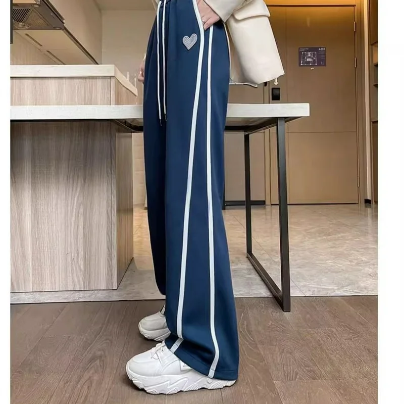 Fashion Wide Leg Sports Pants Women's Elastic Waist Patchwork Stripe Drawstring Pocket Embroidery Loose Straight Casual Trousers