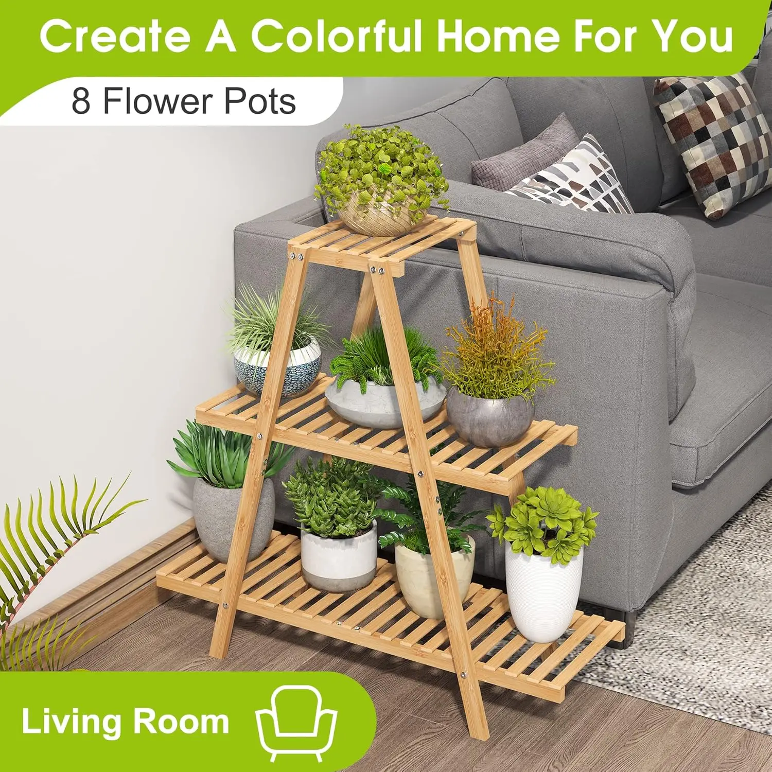 Plant Stand Bamboo for Indoor Outdoor Tiered Plant Shelf 8 Potted Flower Holder Ladder Rack Garden Balcony Living Room Patio 5