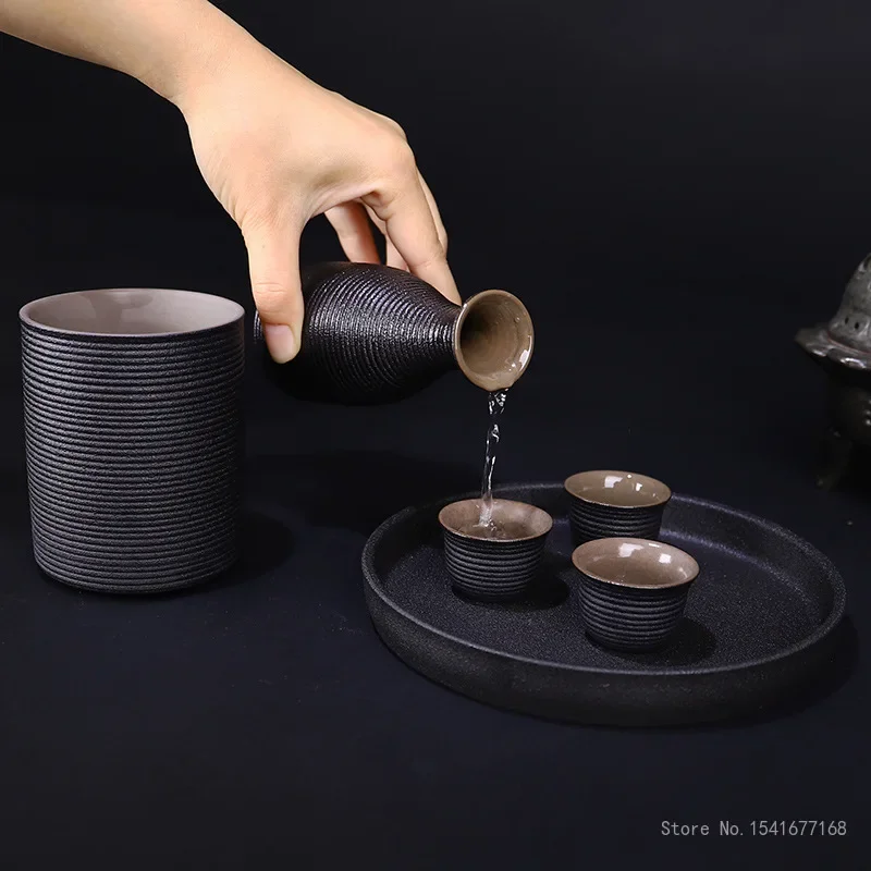 Japanese Style Ceramic Sake Pot Cup Set, Home Meal Supplies, Black Pottery Liquor Flask, Wine Bottle Cups Tray, 9Pcs Set