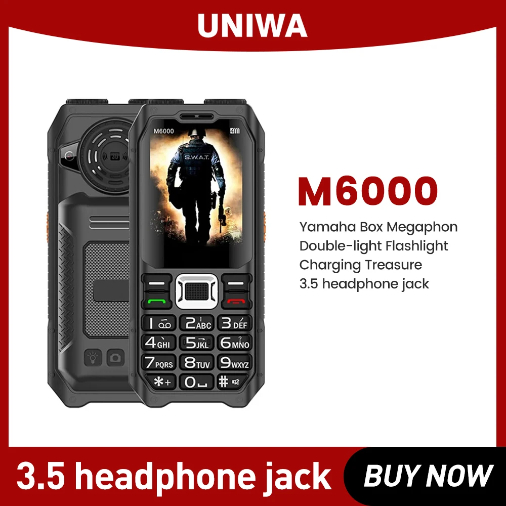 Uniwa M6000 2G Feature Phone Power Bank 2.3 Pollici Fm Radio Mp3 Voice Record Torch Telefono Cellulare Economico Tasti Inglesi Pulsante Cellulare