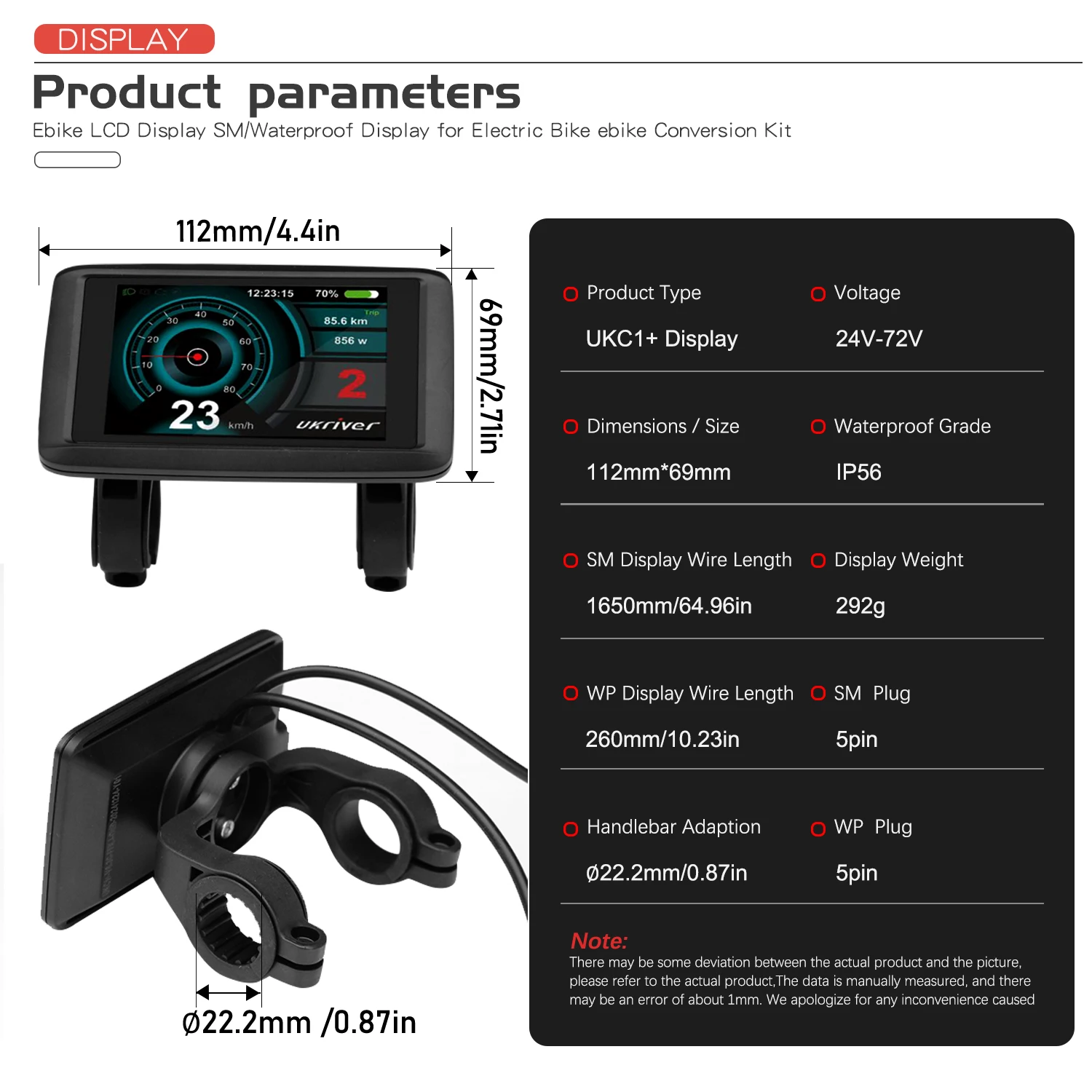 전기 자전거 다채로운 디스플레이 UART2 UKC1+ 24V-72V E 스쿠터 LCD 패널(산악 전기 자전거 부품용 USB 기능 포함)