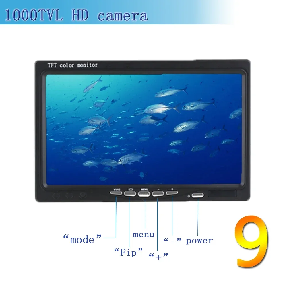 F08A Telecamera subacquea per pesca HD 1000TVL Monitor a colori da 9 pollici con luci da 36 pezzi Videocamera per pesca con visione notturna Cavo da 200 M - immagine 2