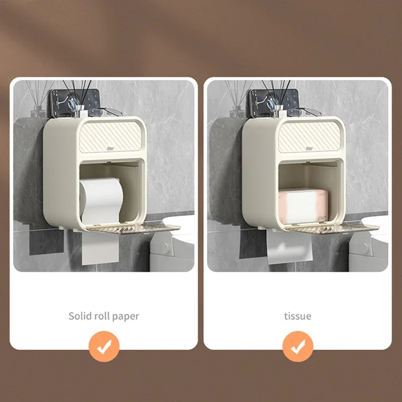 Toilet Paper Holder Multifunctional Double Layer Wall Mounted Punch-Free Waterproof Bathroom Tissue Storage Box with Drawer