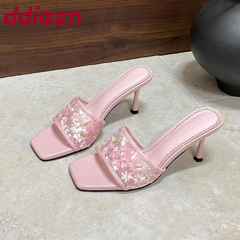Women's Denim Blue Flower Round Toe Strappy Thin High Heels Stiletto Slippers main image 0