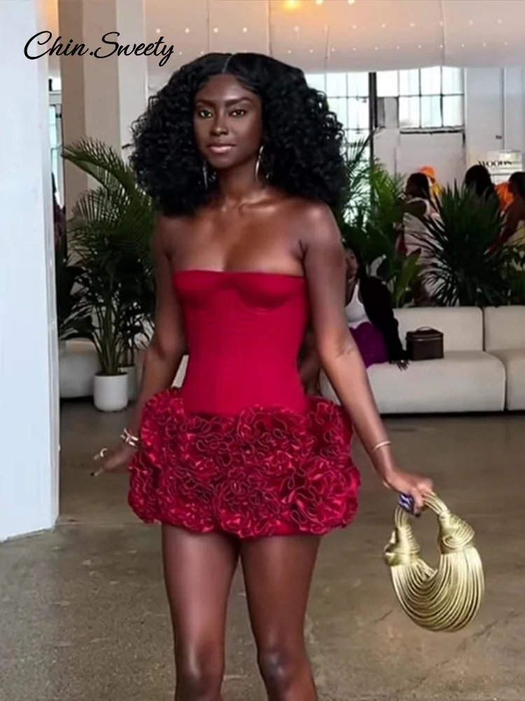 Christmas Red 3D Flowers Skirt Suit Women Bandage Adjustable Tube Top Floral Short Skirt Set Lady Party New in Matching Outfits