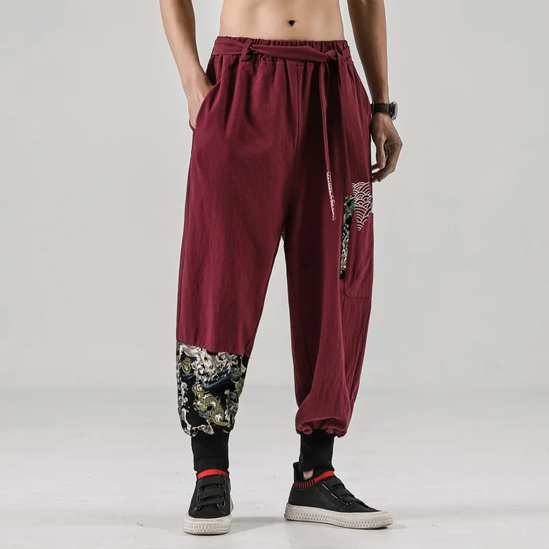 Japanese Kimono Men Cotton Linen Print Belt Retro Harem Pants Haori Baggy Trousers Harajuku Hip Hop Men's Loose Lantern Pants