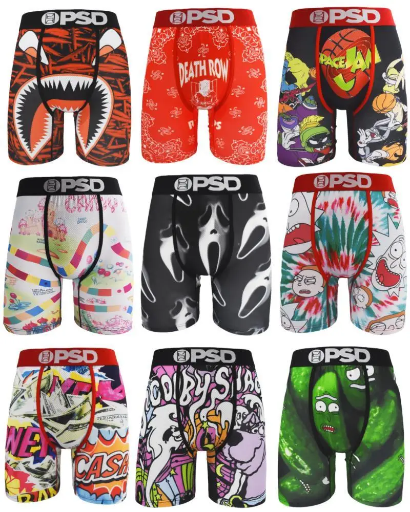 Cartoon Print Men's Sporty Fitness Long Boxer Briefs Shorts, Breathable Comfy Quick Drying Stretchy Boxer Trunks, Men's Novelty