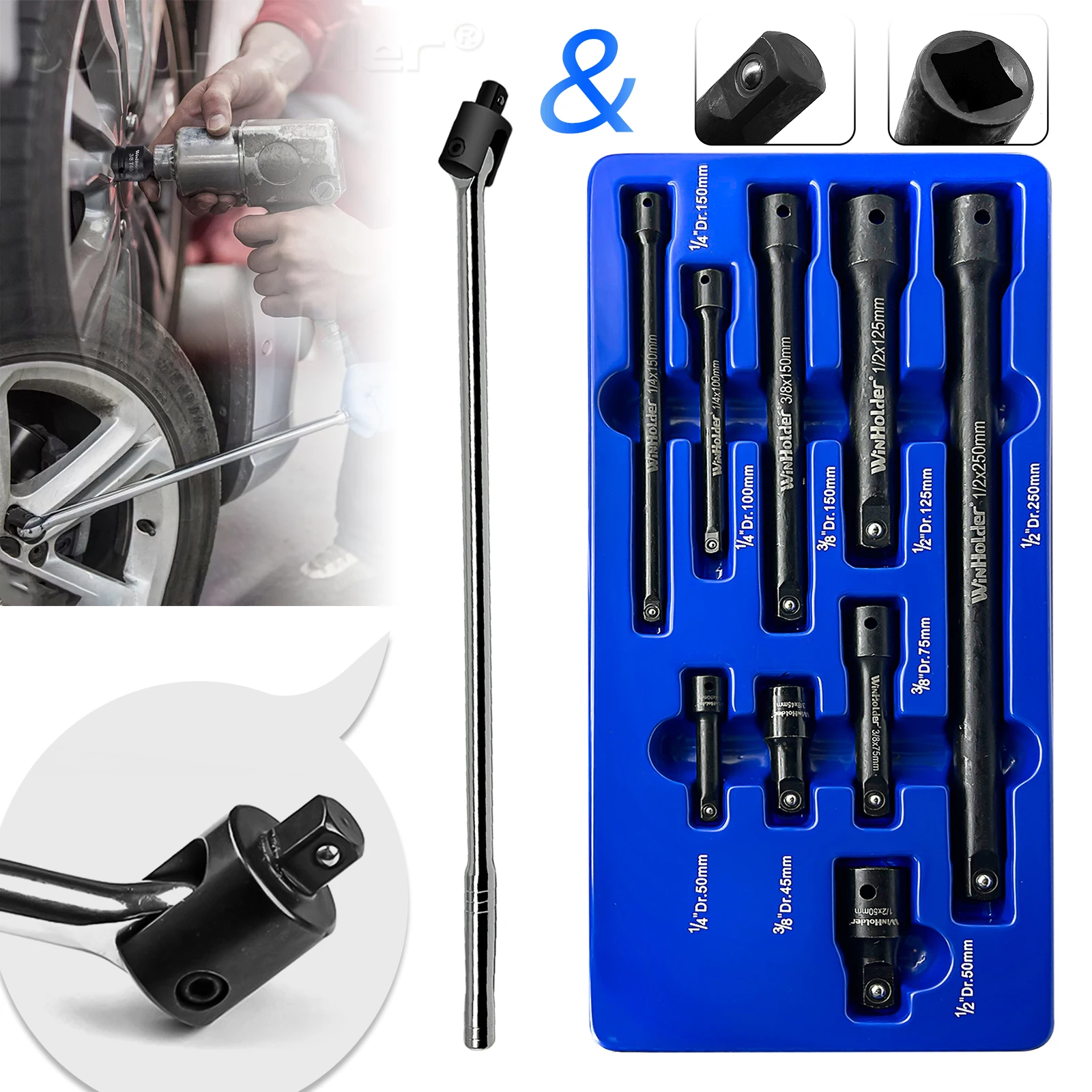 WinHolder 10（9+1）PCS Breaker Bar 1/2" 600mm 24" Long + 1/4" 3/8" 1/2" Impact Extension Bar Set
