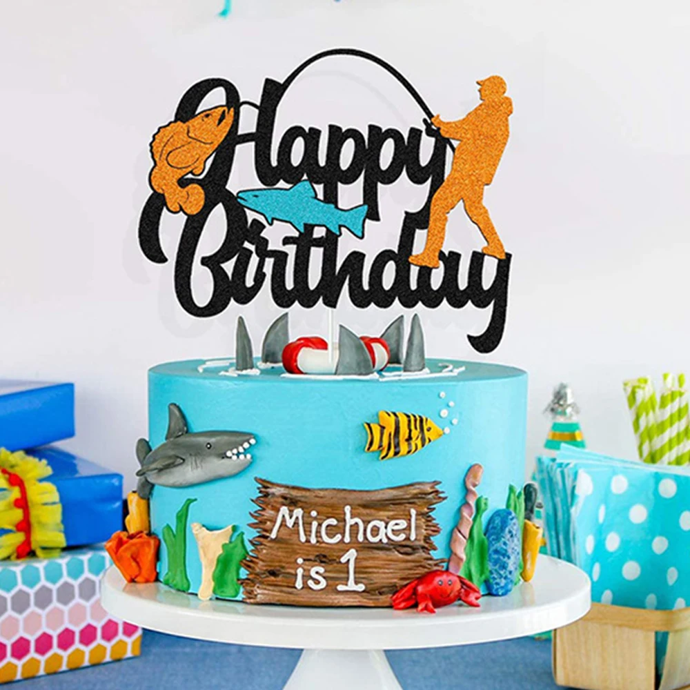 Sotpot 1 confezione di topper per torta di compleanno pescatore decorazione per torta di compleanno per ragazzo uomo pescatore a tema pesca all'aperto decorazioni per torte
