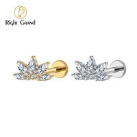 Right Grand ASTM F136 Titanium 16G Marquise Lotus CZ Flower Flat Back Stud Labret Tragus Helix Cartilage Conch Earring Piercing 1