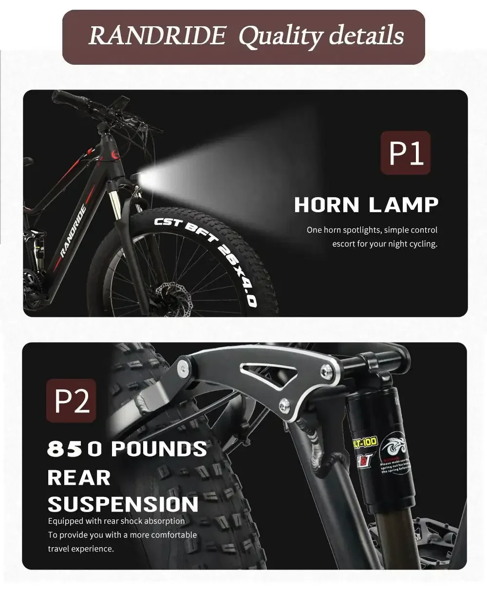 RANDRIDE YX90M Electric Bike, 26'' Fat Tire, 1000W Motor, 48V13.6Ah Battery, 45km/h Max Speed, 100km Range, Hydraulic Brake, LCD S293b59fee2e34180a5c45b6bb262d800w