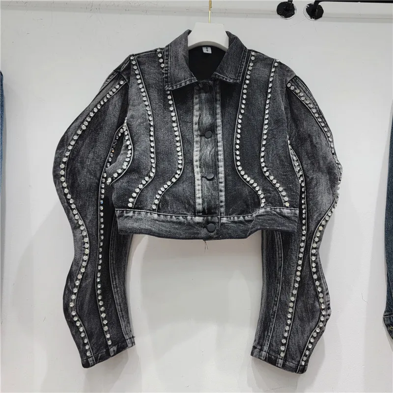

Heavy Work Diamonds Long Sleeve Denim Jacket Women Slim Short Student Cowboy Outerwear Vintage Blue Black Jeans Jacket Female