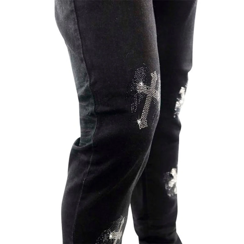 Men's Ripped Stretchy Black Jeans Skinny Slim Fit Punk Club Streetwear Biker Trousers Man Letter Rhinestone Denim Pencil Pants