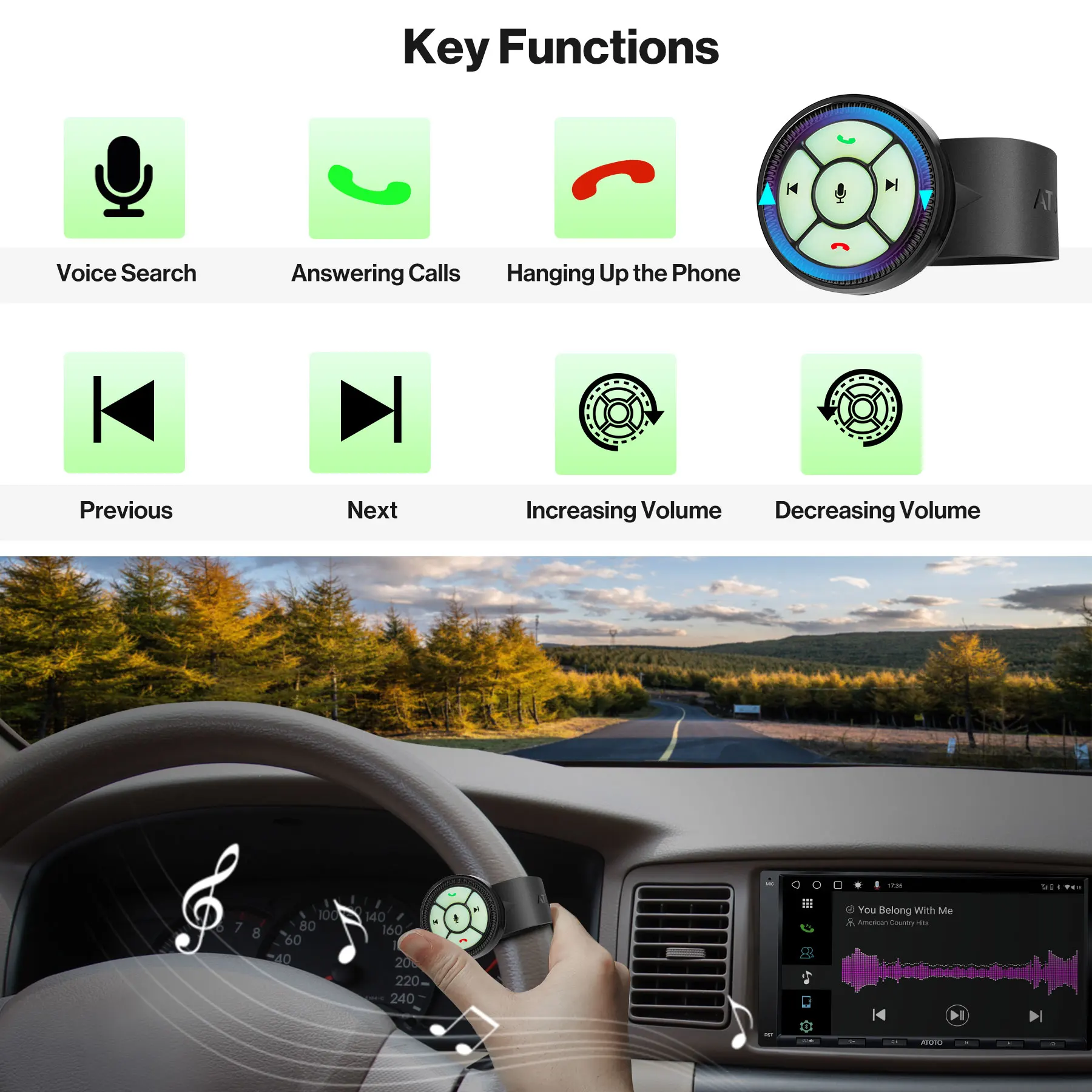 ATOTO 44F8 Watchband Style Wireless Remote Control For Both Car Radio Luminous Buttons Key Substitute For Steering Wheel Control