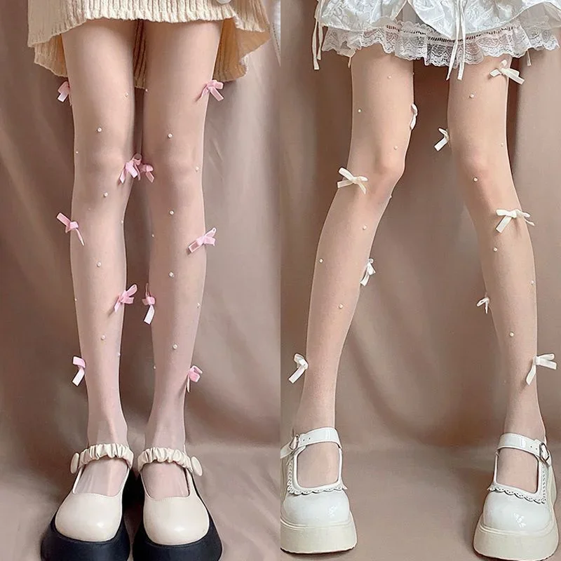 Maternidad Mujer Velvet Bow Pearl Embroidery Body Stockings Tights Pantyhose Girls Nylon Japan Styles Lolita Колготки Medias 5