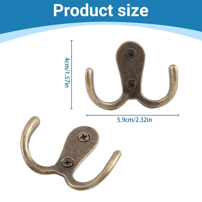 2 X Screw Hook Retro Metal Double Hook Metal Wall Mount Hanger Coat Antique Bronze For Hats-A97Q 6