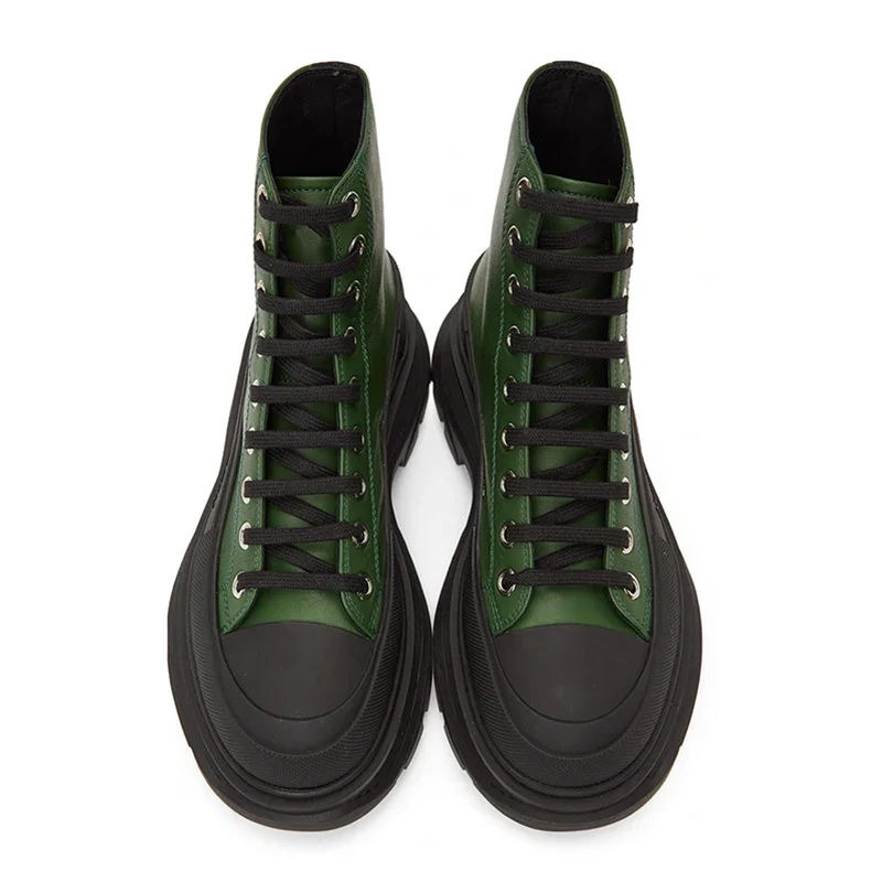

Western Style Men High Top Shoes Lace-up Thick Sole Heightened Ankle Boots Genuine Leather Luxury Outdoor Motorcycle Boots