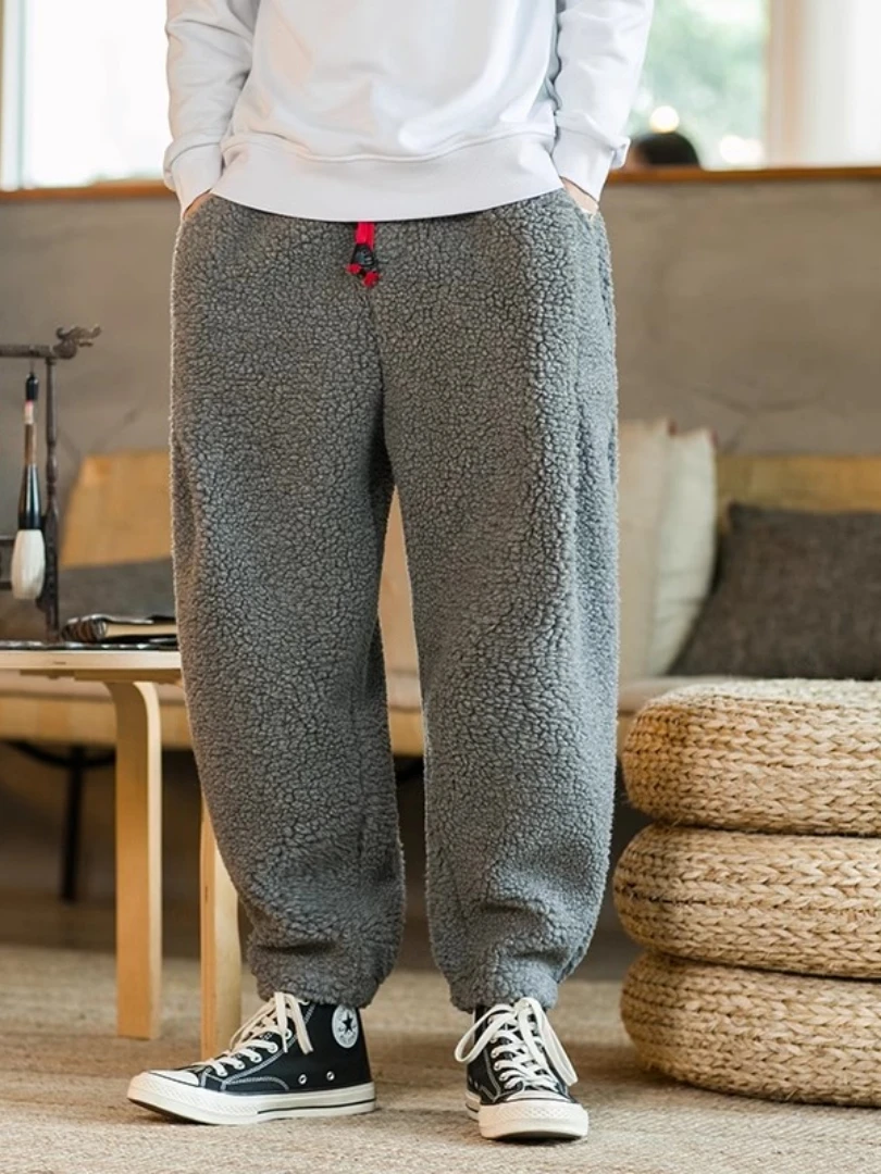 Winter Men Solid Color Fleece Pants Male Vintage Fashion Thick Oversized Harem Pants Men Lamb Wool Warm Trousers