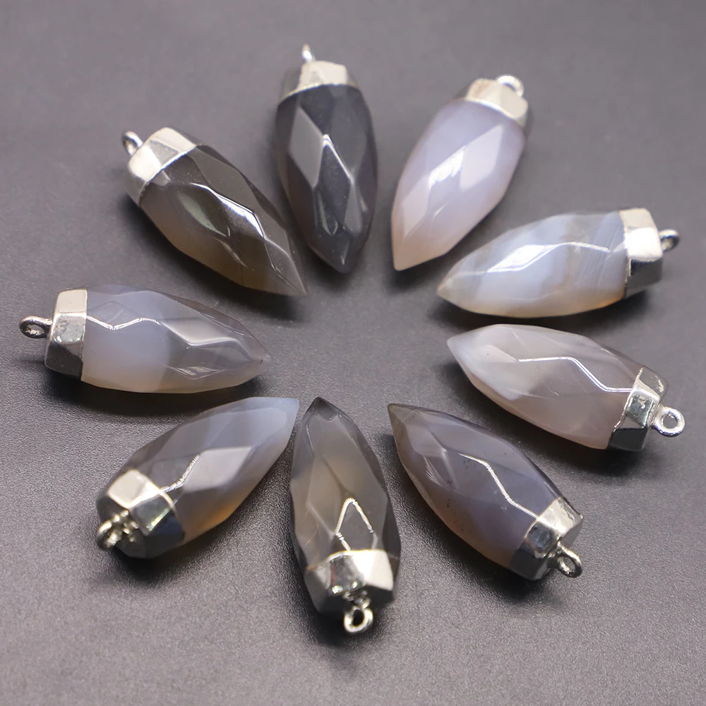 Natural Stone Silver Cone Healing Pendulum Faceted Pendant Crystal Grey Agate Onyx Necklace Reiki Charms DIY Jewelry Making 8PCS