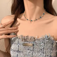 Romantic Blue Crystal Butterfly Necklace for Women Girls Simple Shiny Zircon Bilayer Choker Clavicle Chain New Fine Jewelry Gift 4