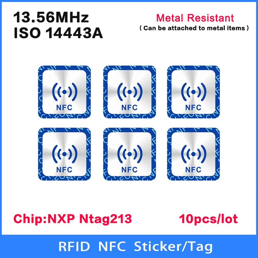 10PCS NFC Stickers Tag ISO14443A 13.56MHz NXP NTAG213 Anti-metal Label RFID HF Smart electronic Tags Can attached to metal items iso14443a diameter 25mm coated paper 144bytes tag white blank hf 13 56mhz ntag213 stickers all nfc phone available