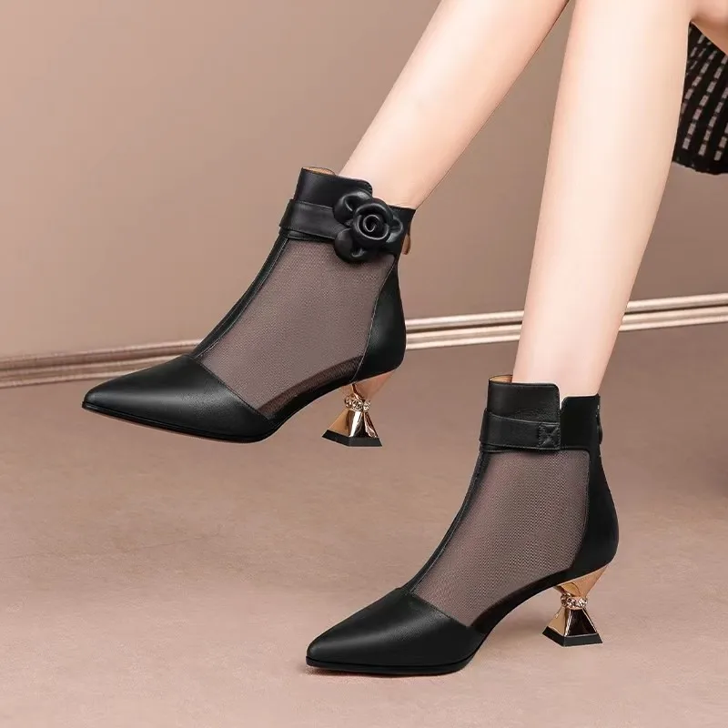

2023 Women Leather Ankle Boots Fashion Flower Summer Shoes Strange Heel Naked Botas Pointed Toe Black High Heels Mesh Hollow Out