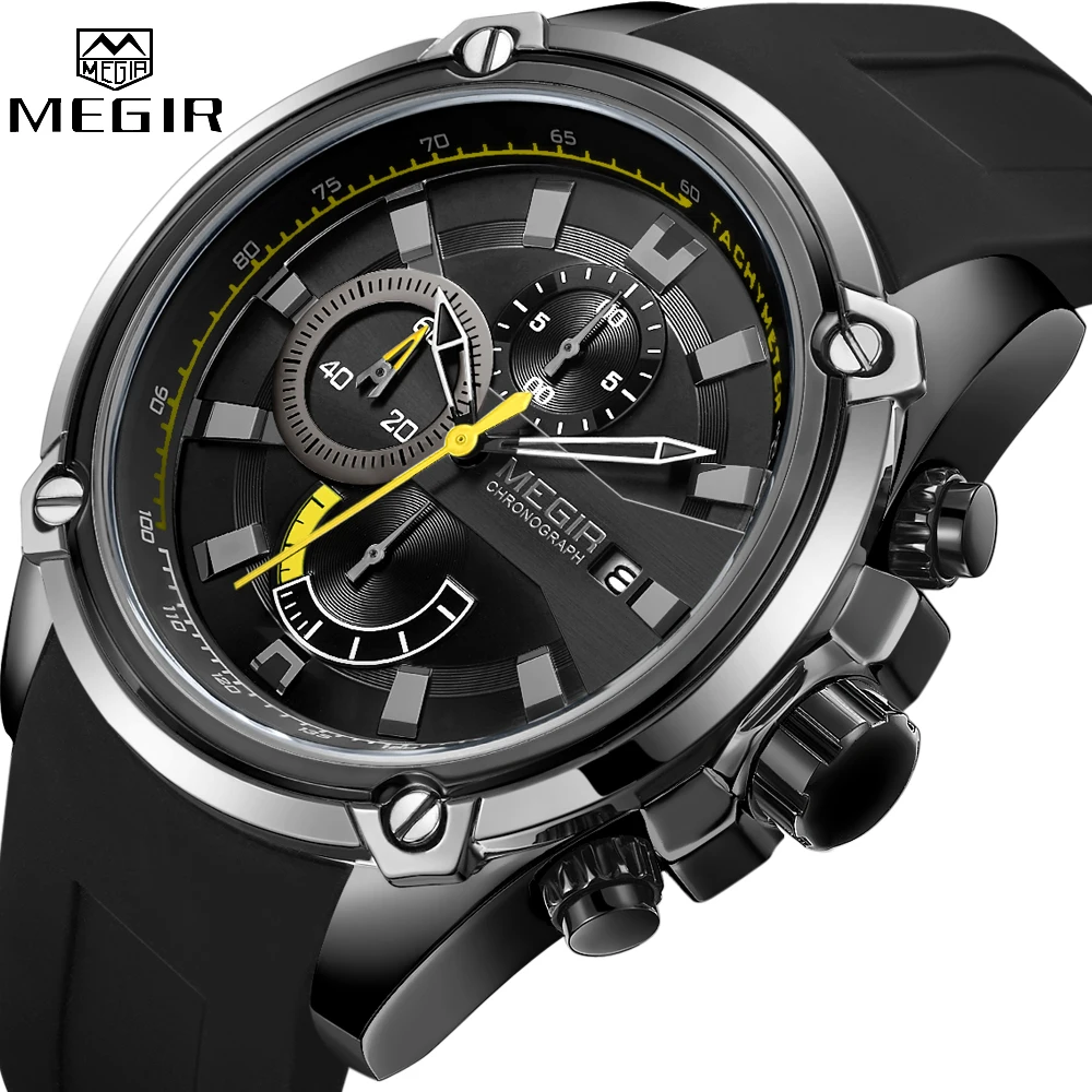 MEGIR Fashion Men Watch Top Brand Luxury Chronograph Waterproof Sport Mens Watches Silicone Automatic Date Military Wristwatch oupinke 3199 swiss automatic mechanical watch for men real diamond sapphire mirror 50atm waterproof men s wristwatch original