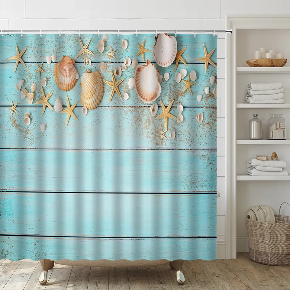 Duschvorhang Mit Strand-Design – Korallen, Muscheln & Seesterne, Wasserabweisend, Inkl. Haken