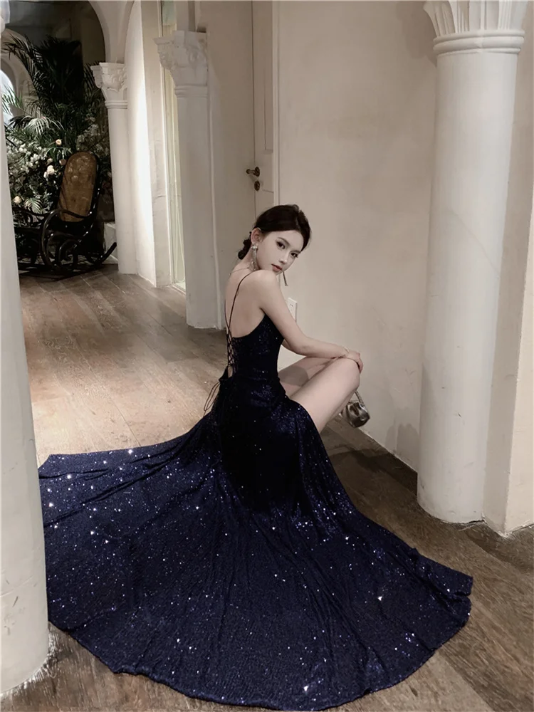 

Sexy Maxi Party Dress for Women Deep V-neck Sleeveless Lace-up Back Bling Evening Dresses Elegant A-line Gliter Sequined Vestido