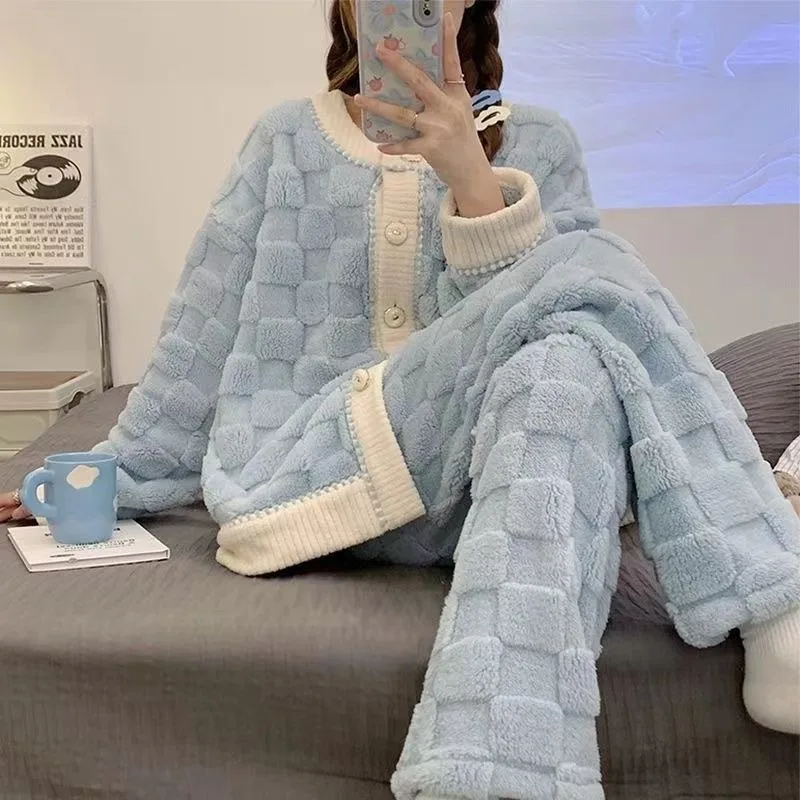Coral velvet pajama women Autumn Winter thickened loose flannel women's set Student Korean cute Home dress Can be worn outside