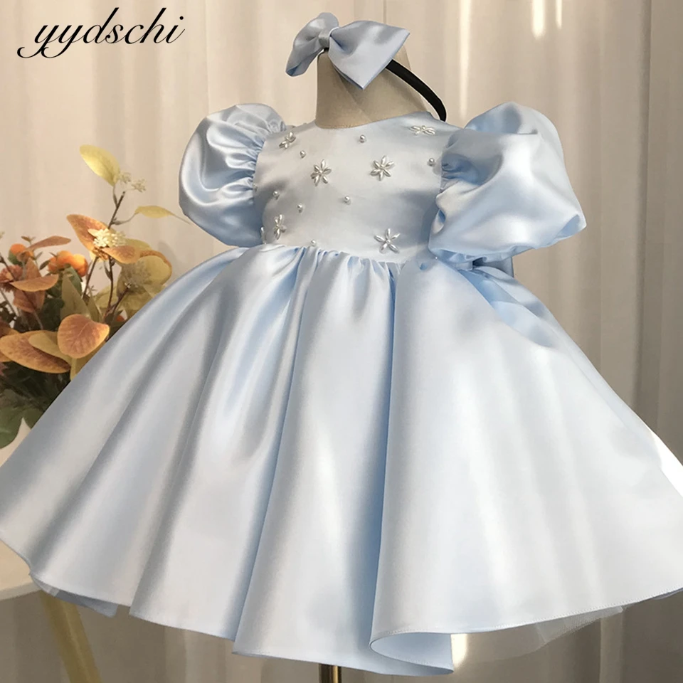 

Baby Girls Party Dress Kids Beading Puff Sleeves Plain Ball Gowns Children Baptism 1st Birthday Flower Girl Dresses for Wedding