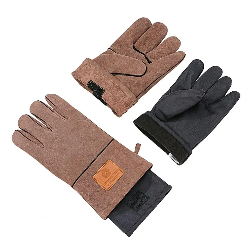 

Faux Leather Oven Gloves Double Layers Fastener Tape Full Finger Camping BBQ Gloves Heat Insulation Forging Welding Gloves