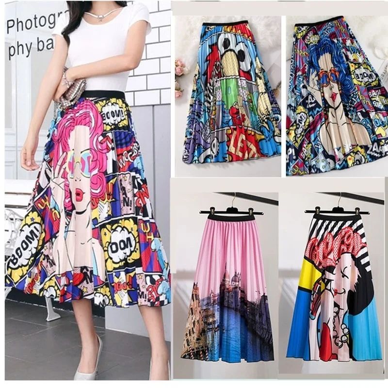 

Pleated Skirt Women's Summer 2023 New Fashion Brand Printed Skirts Women's Fashion All-match Slim Empire Cartoon Holiday Skirts