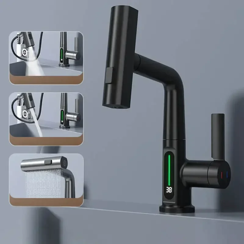 Waterfall Temperature Digital Display Basin Faucet Lift Up Down Stream Sprayer Hot Cold Water Sink Mixer Wash Tap Bathroom
