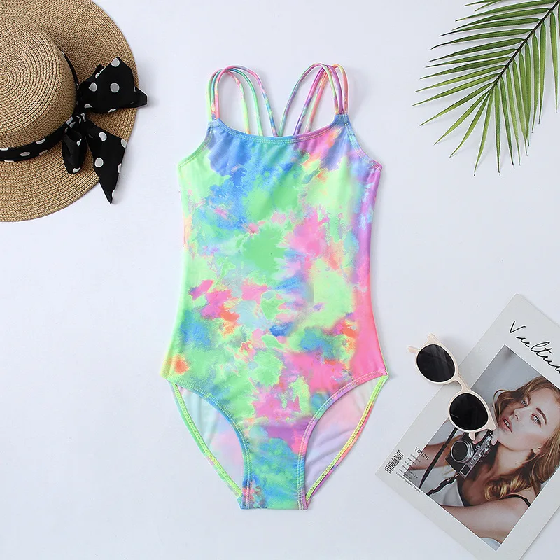7-14 Years Tie Dye Print Children Kids Swimwear For Girls Teen One Piece Swimsuit Summer Surf Vacation Kids Girls Swimming Suit