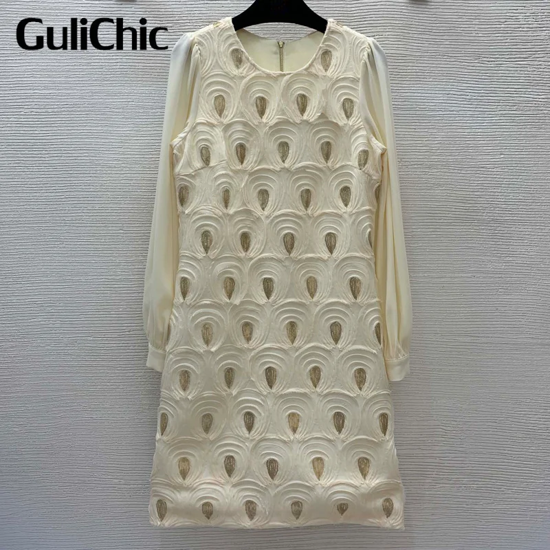 

8.9 GuliChic Women High Quality Elegant Fashion Mesh Spliced Sequins Embroidery Decoration Collect Waist Slim Temperament Dress