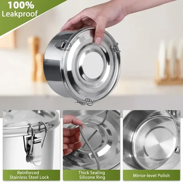Boîte à déjeuner ronde pour micro-ondes avec couvercle, boîtes à Bento portables en acier inoxydable, conteneur de stockage des aliments anti-fuite, bol, conteneurs de pique-nique 5