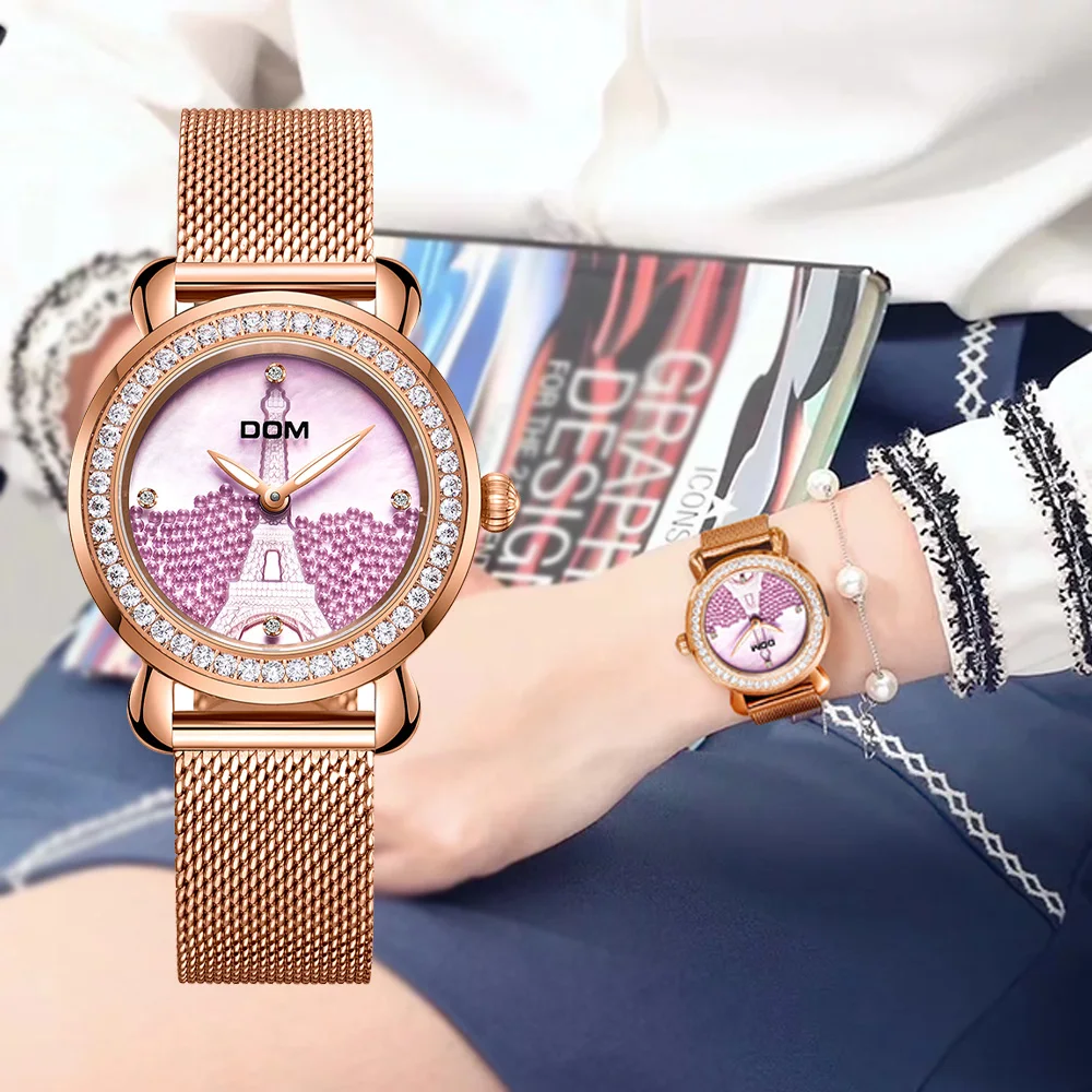 DOM Luxury Brand Women Watch Rose Gold Steel Quartz Ladies Watches Rhinestone Sapphire Crystal Dress Relogio Faminino G-613G