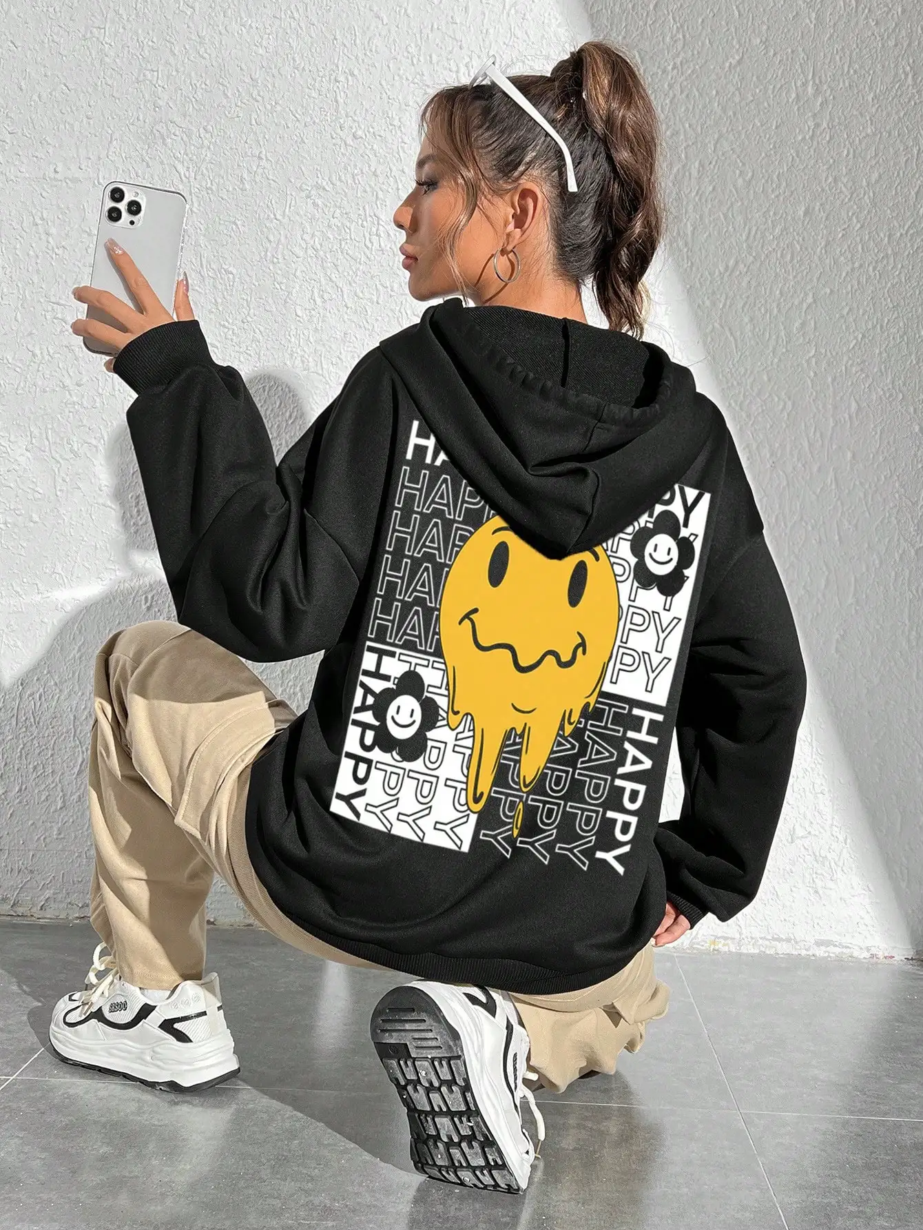 

Autumn Female Hoodie Happy Sunflower Cartoon Hollow Word Printing Streetwear Warm Comfortable Hoody Fashion Casual Women Clothes