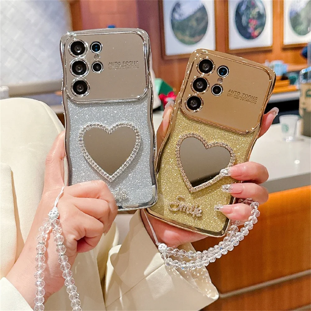 Love Heart Makeup Mirror Shiny Case with Crystal Wrist Chain Cover