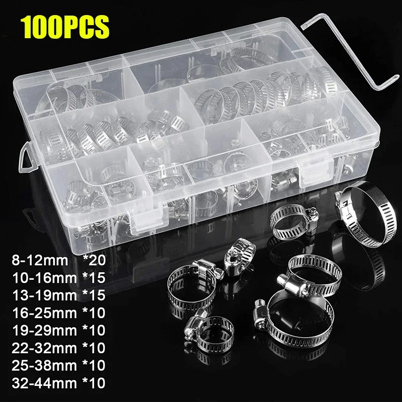 100pcs Worm Drive Hose Clamp Adjustable 8-44mm Stainless Steel Gear Clip Lock for Water Pipe Plumbing