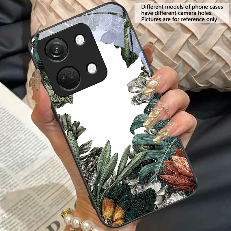 Green Tropical Plants Black Tempered Glass Phone Case