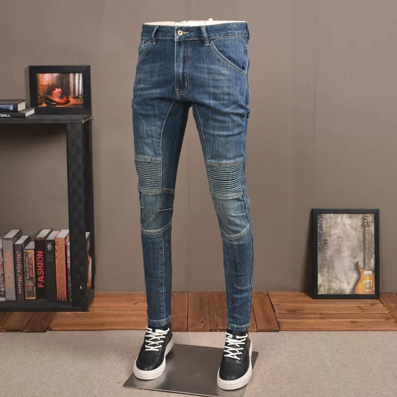 High Street Fashion Men Jeans Retro Blue Slim Fit Spliced Biker Jeans Homme Zipper Designer Hip Hop Pants Men Wrinkled Trousers
